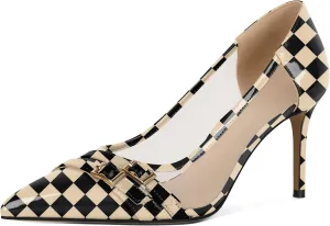 SAMMITOP High Heels Pumps for Women Closed Pointed Toe Slip On Stilettos Buckle Patent Mesh Dress Pump Shoes for Party Office 3.5 Inch
