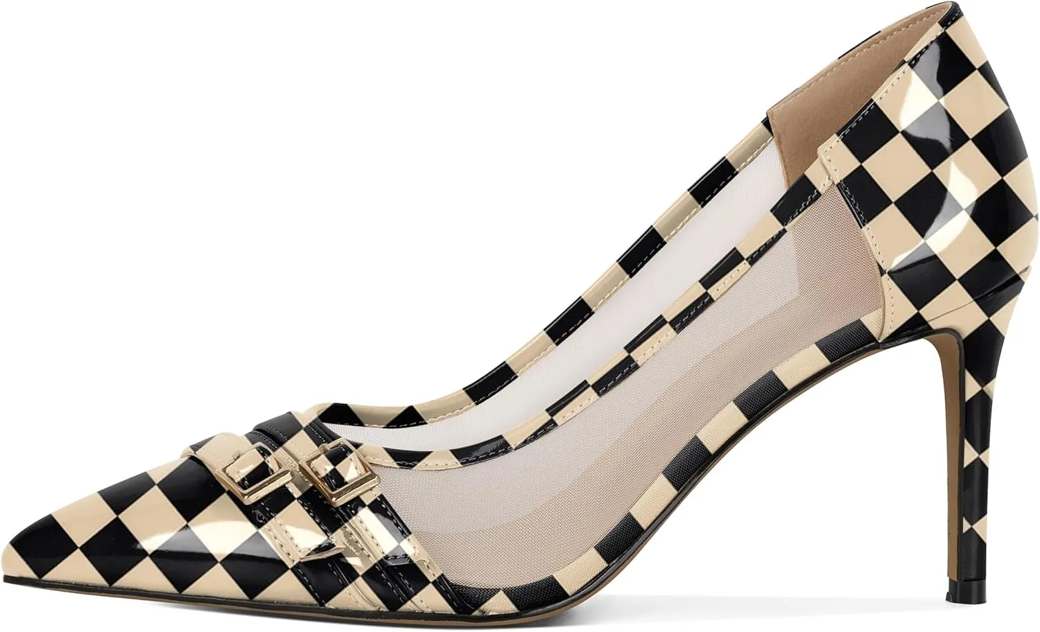 SAMMITOP High Heels Pumps for Women Closed Pointed Toe Slip On Stilettos Buckle Patent Mesh Dress Pump Shoes for Party Office 3.5 Inch
