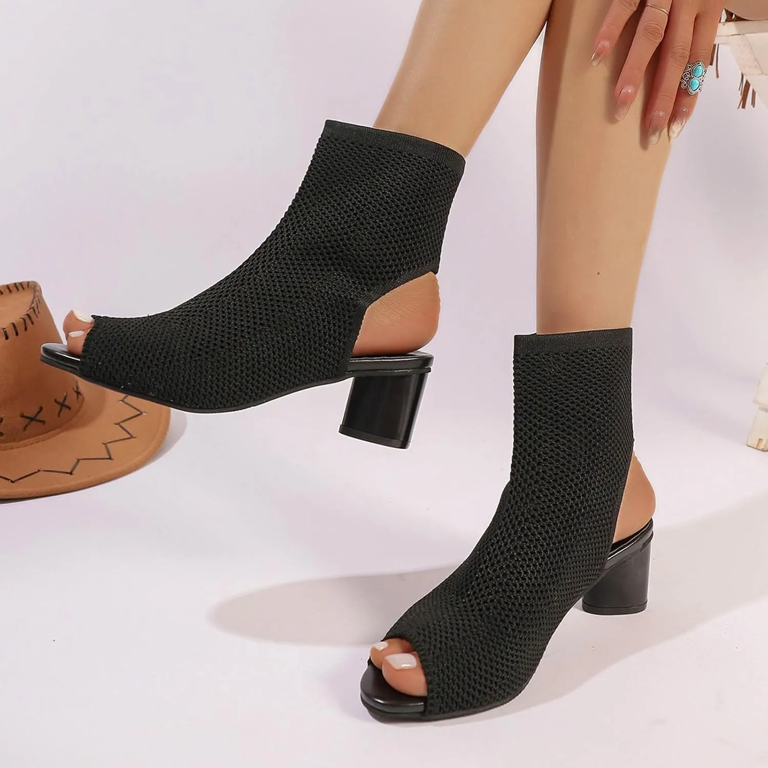 Sexy Casual Dress Shoes Women's Knit Toe Chunky Heel Ankle Boots Open Pointed Toe Slingback Heeled Sandals Summer Casual