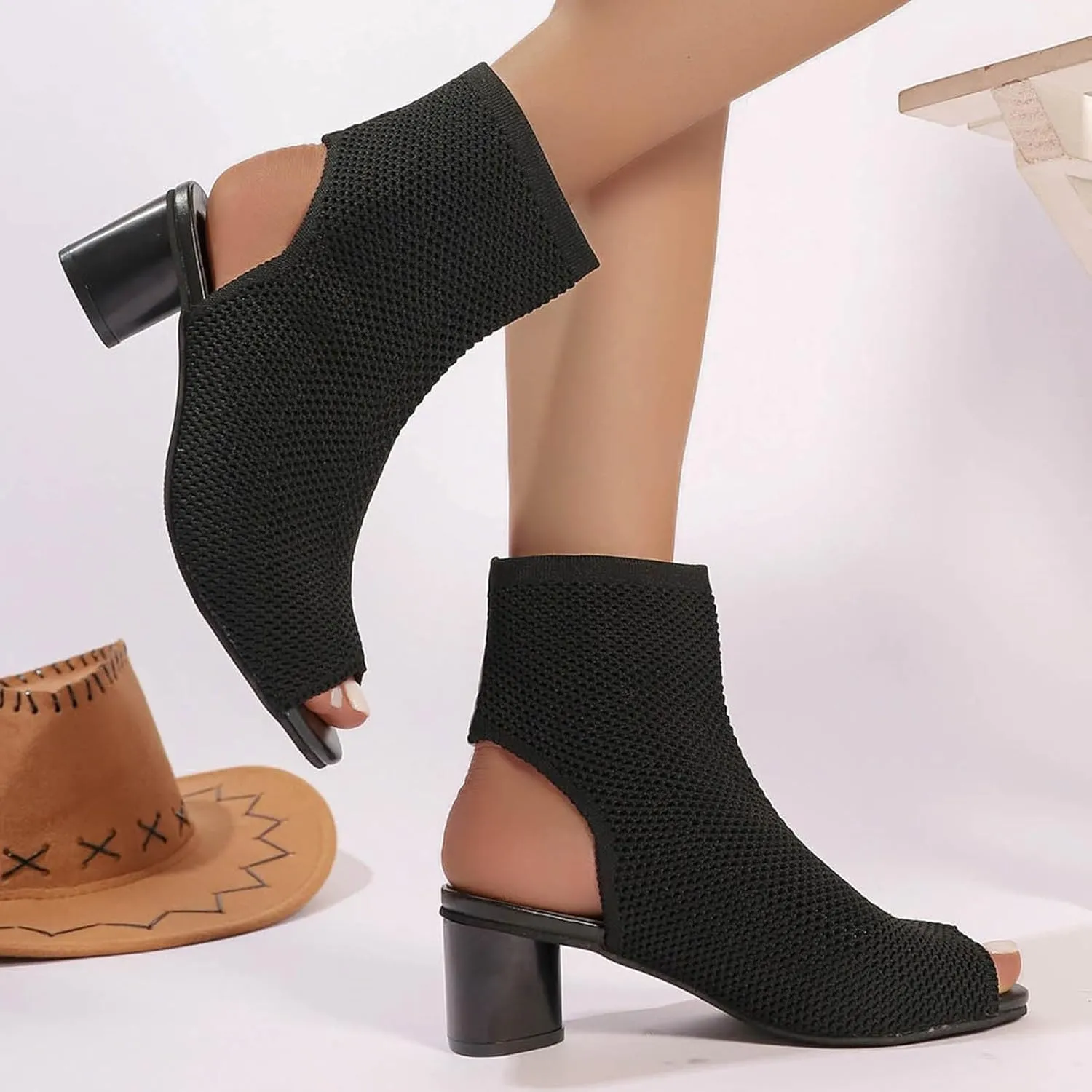 Sexy Casual Dress Shoes Women's Knit Toe Chunky Heel Ankle Boots Open Pointed Toe Slingback Heeled Sandals Summer Casual