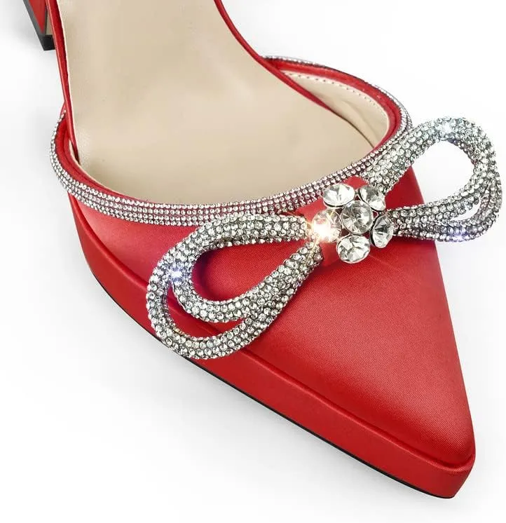 sexytag Women's Rhinestone Bow Platform Sandals Chunky High Heels Clear Ankle Strap Poined Toe Pumps