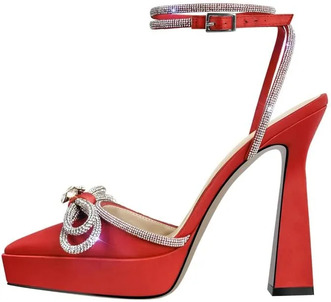 sexytag Women's Rhinestone Bow Platform Sandals Chunky High Heels Clear Ankle Strap Poined Toe Pumps