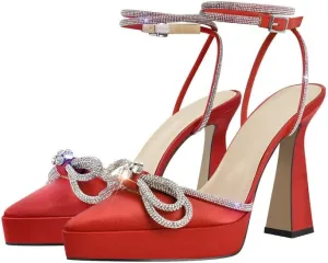 sexytag Women's Rhinestone Bow Platform Sandals Chunky High Heels Clear Ankle Strap Poined Toe Pumps