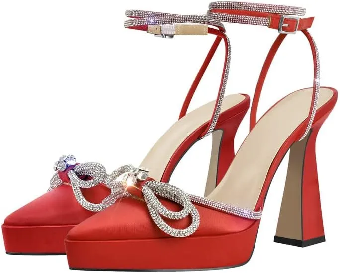 sexytag Women's Rhinestone Bow Platform Sandals Chunky High Heels Clear Ankle Strap Poined Toe Pumps