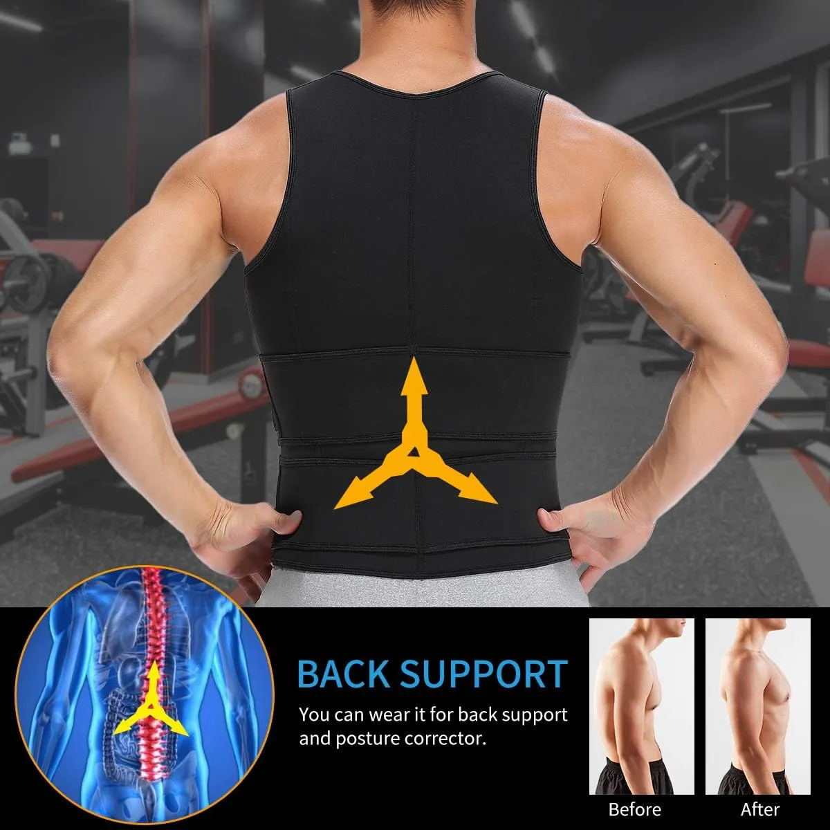 SHAPERIN Men Neoprene Sauna Zipper Waist Trainer Vest Tank Top Trimmer Body Shaper