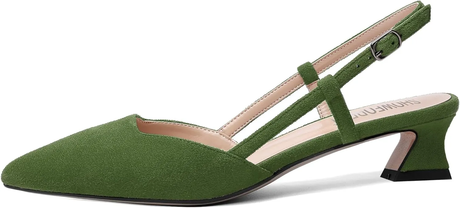SHOWFOREST Womens Business Pointed Toe Suede Buckle Adjustable Strap Solid Closed Toe Kitten Low Heel Pumps Shoes 1.5 Inch