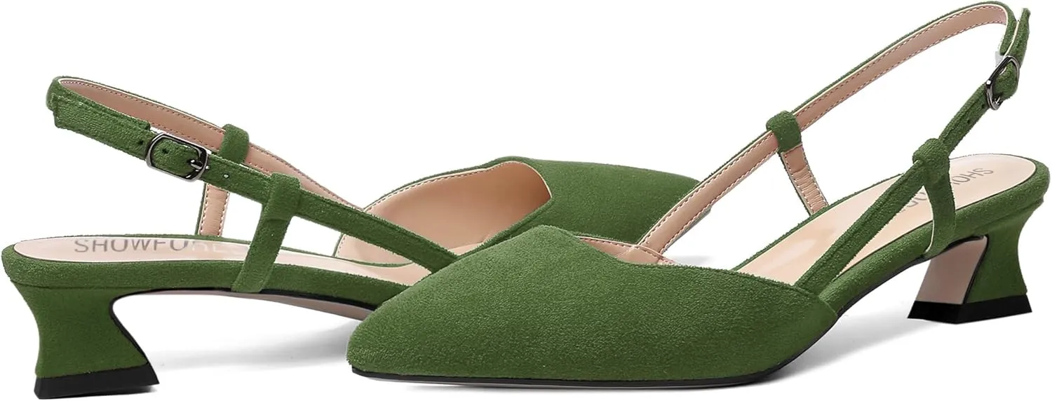 SHOWFOREST Womens Business Pointed Toe Suede Buckle Adjustable Strap Solid Closed Toe Kitten Low Heel Pumps Shoes 1.5 Inch