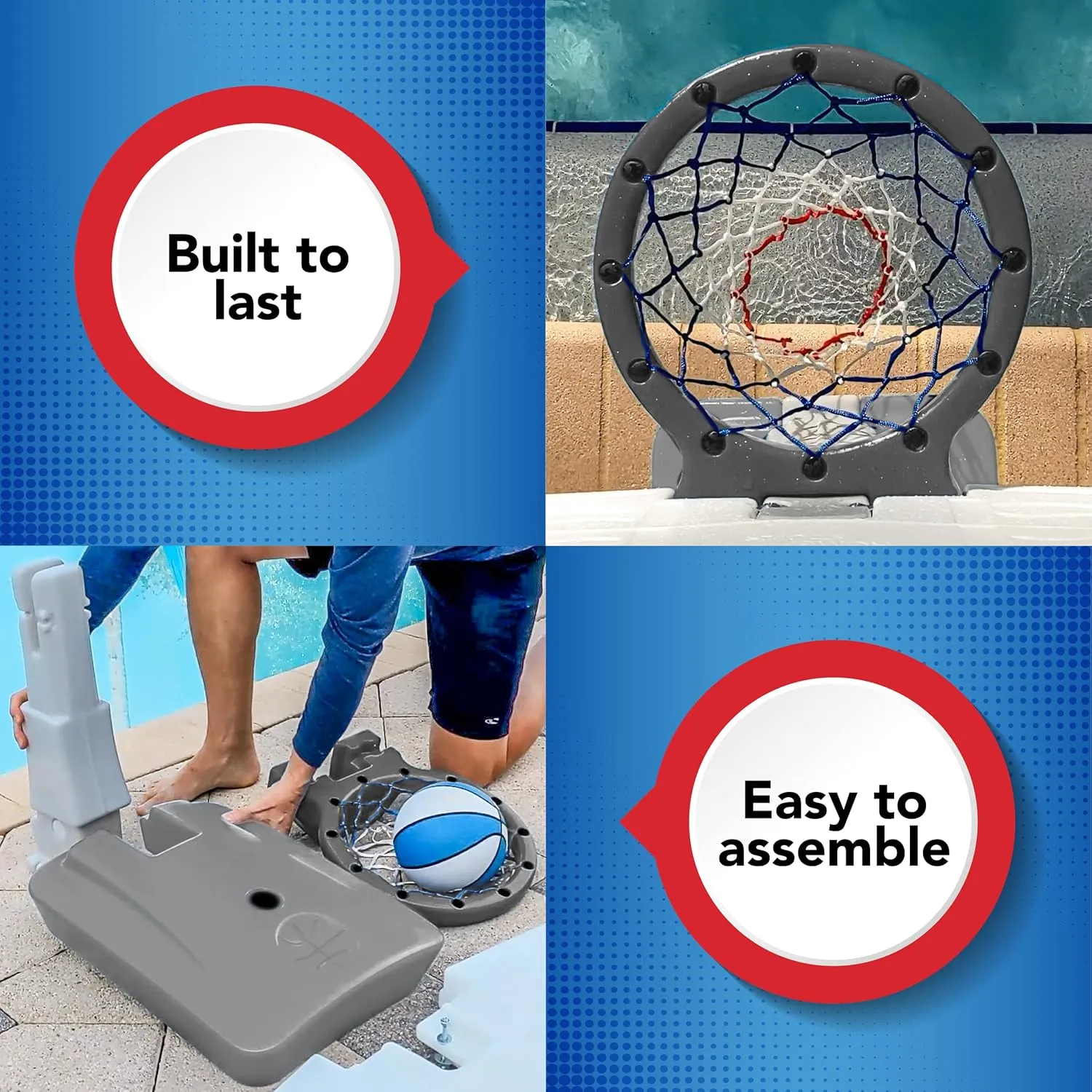 Simplay3 Pooltime Basketball Hoop Game Set for Swimming Pools, Includes Ball, Pump and Net Ages 8 , Made in The USA, Grey