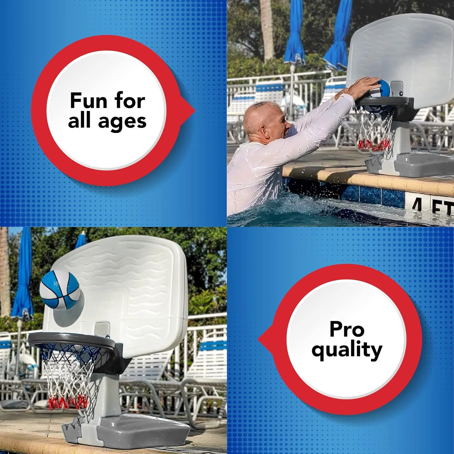Simplay3 Pooltime Basketball Hoop Game Set for Swimming Pools, Includes Ball, Pump and Net Ages 8 , Made in The USA, Grey