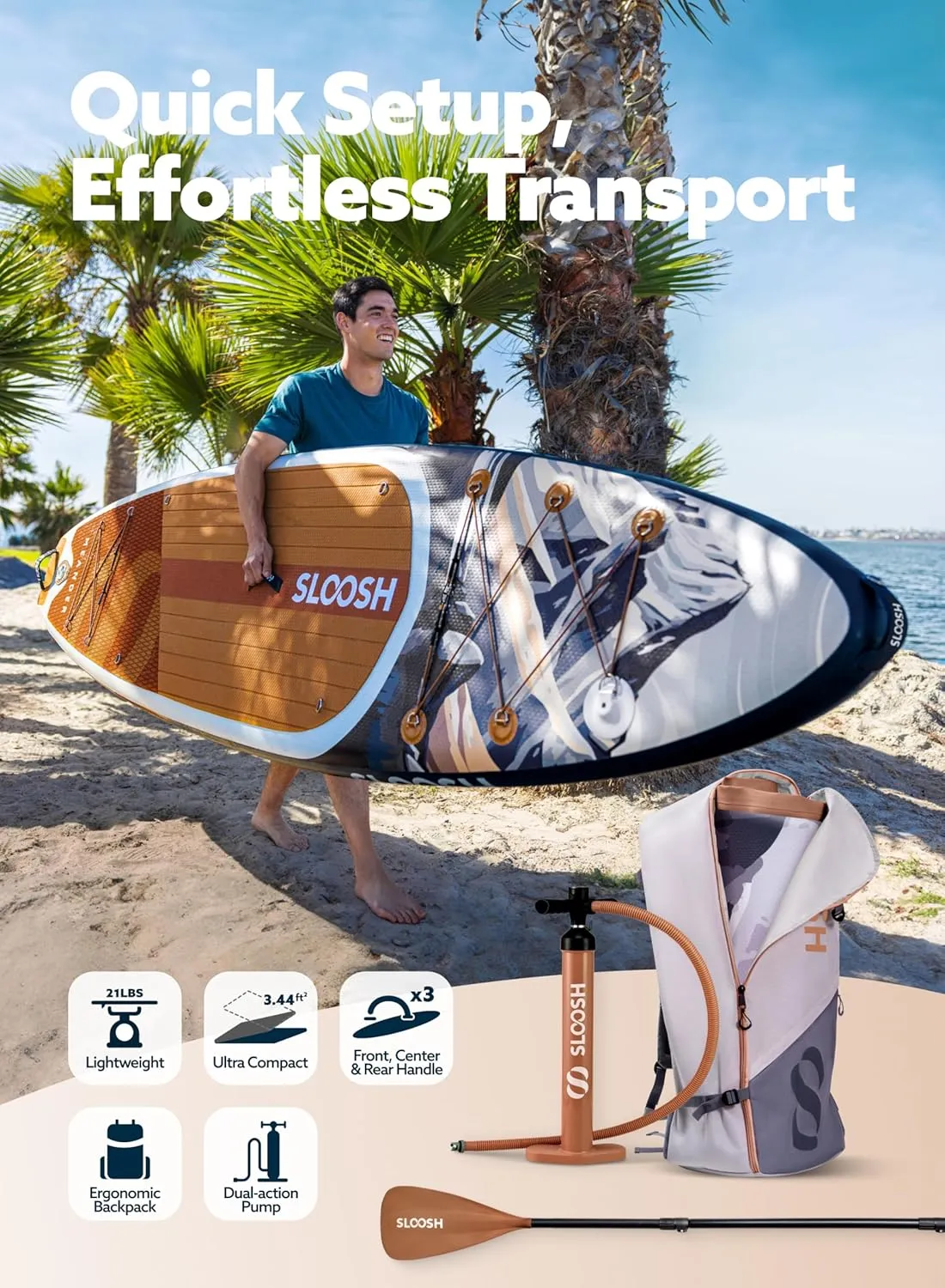 SLOOSH Inflatable Stand Up Paddle Board, 10'6" Inflatable Paddle Boards with Premium Accessories, Non-Slip EVA Deck, Ultra-Light Carry Bag Pump, Meander SUP for Youth & Adults