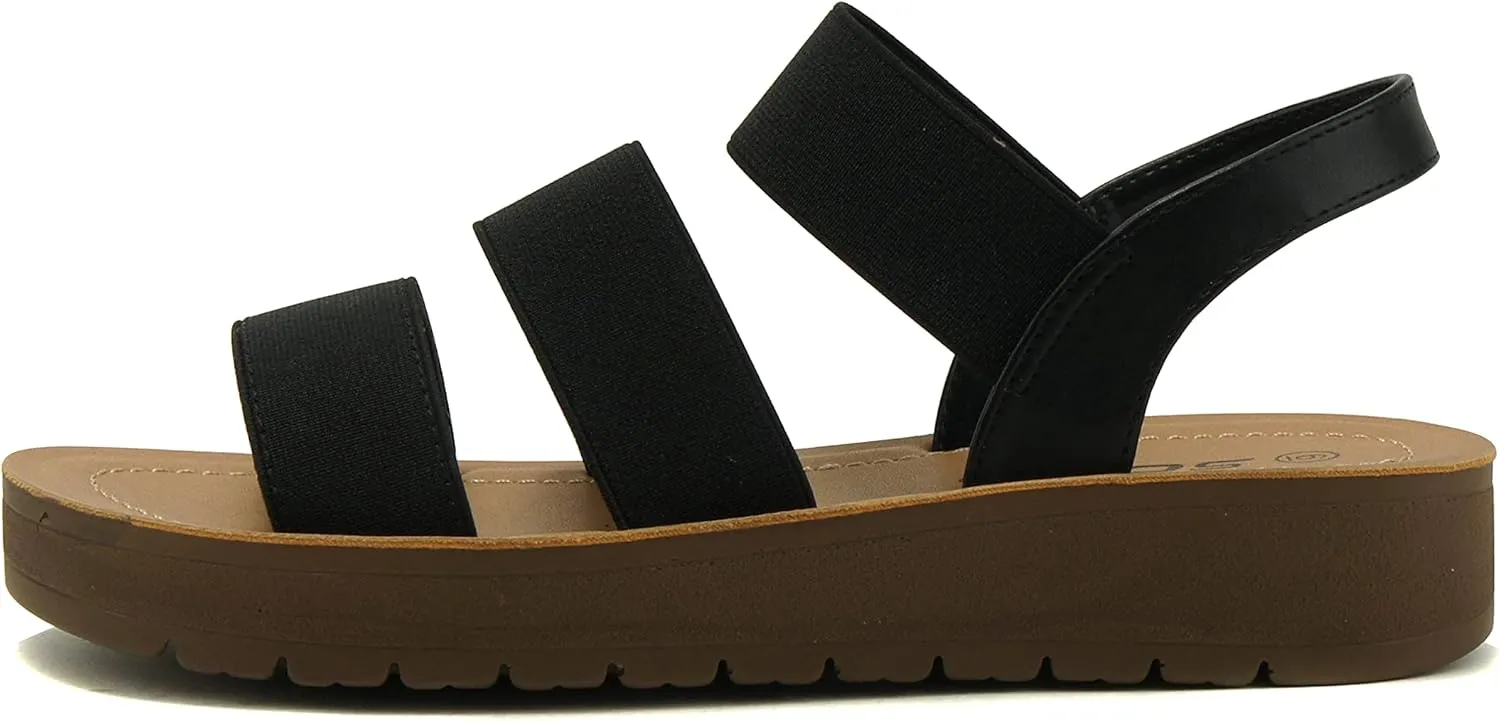 Soda BUTTON ~ Women Slip On Casual Open Toe Three Elastic Bands with Ankle Strap Fashion Gladiator Sandal