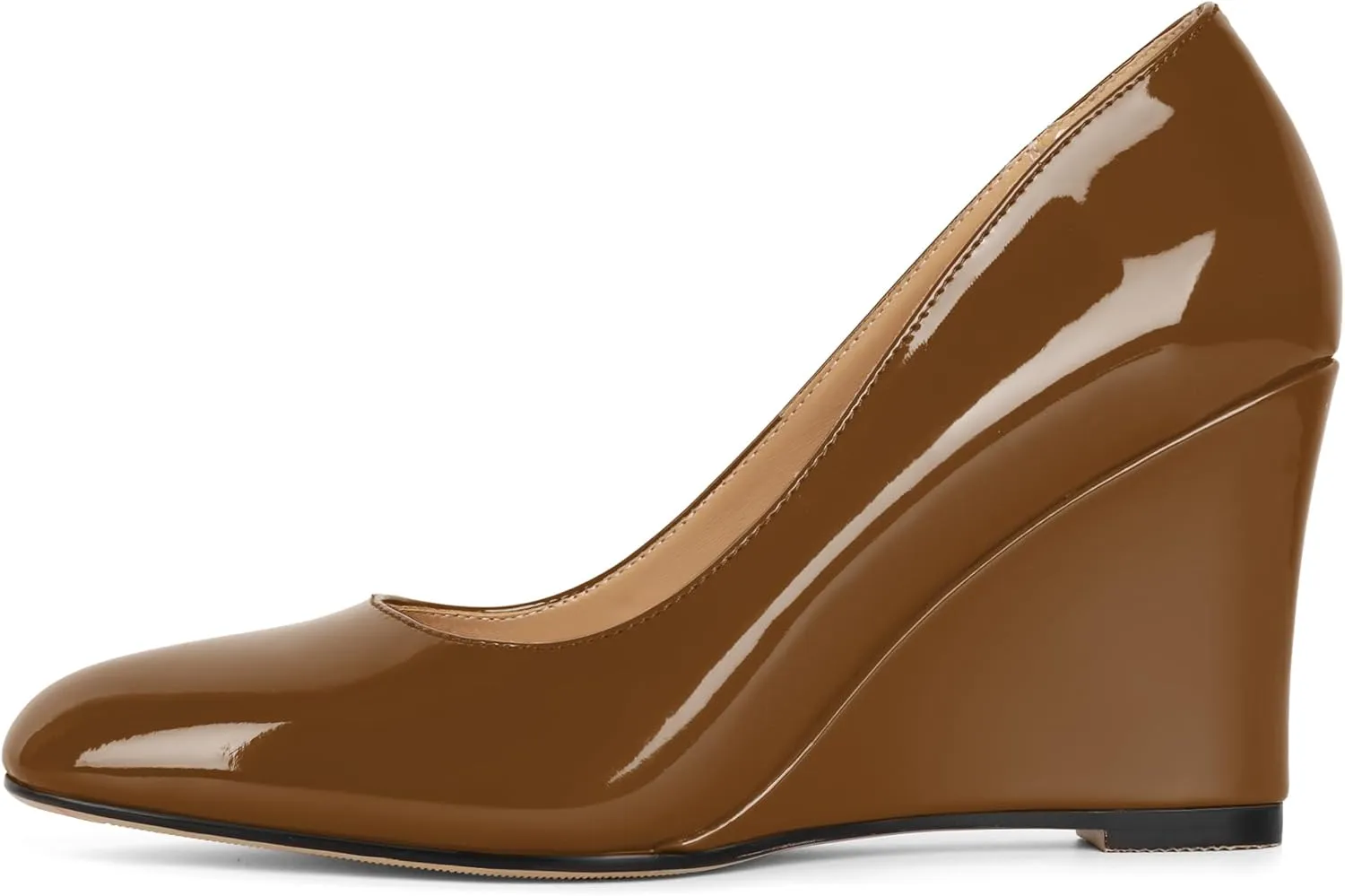 Soireelady Wedge Heel Pumps Round Closed Toe Slip On High Heel Wedges Comfortable Dress Shoes 3.5 Inches
