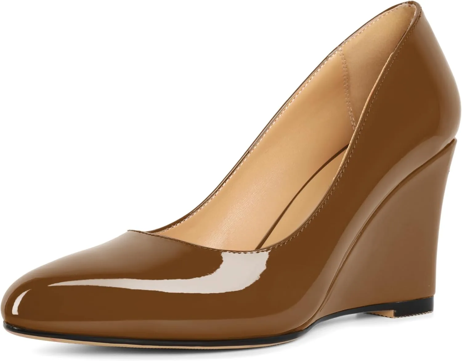 Soireelady Wedge Heel Pumps Round Closed Toe Slip On High Heel Wedges Comfortable Dress Shoes 3.5 Inches