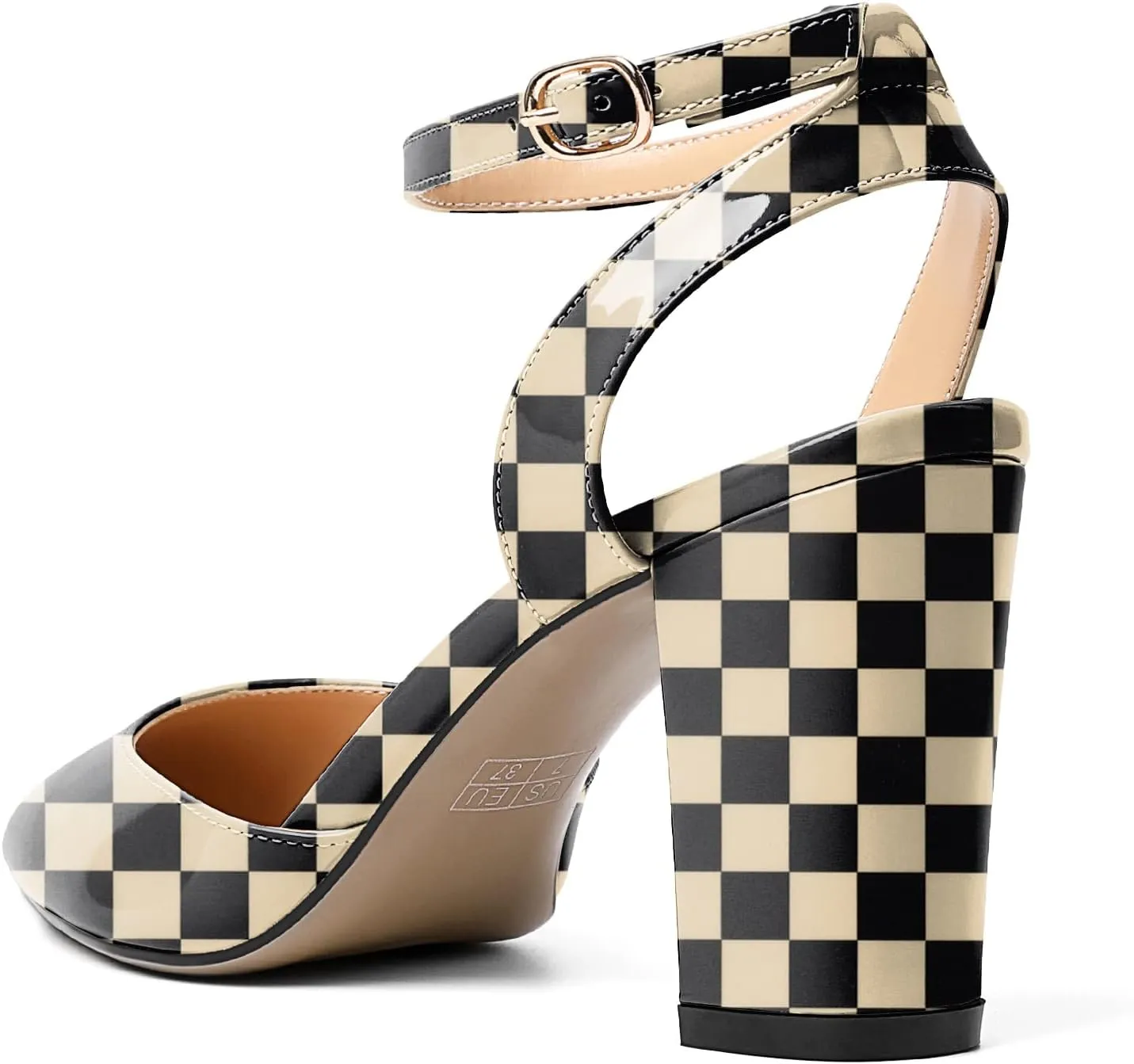 Soireelady Womens Chunky High Heels Pointed Toe Block Heels Ankle Strap Wrap Sandal Pumps Patent Leather Cut Out Design Classic Daily Dress Shoes