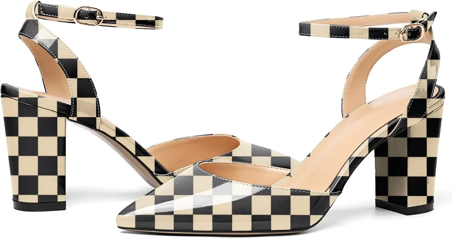 Soireelady Womens Chunky High Heels Pointed Toe Block Heels Ankle Strap Wrap Sandal Pumps Patent Leather Cut Out Design Classic Daily Dress Shoes