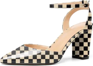 Soireelady Womens Chunky High Heels Pointed Toe Block Heels Ankle Strap Wrap Sandal Pumps Patent Leather Cut Out Design Classic Daily Dress Shoes