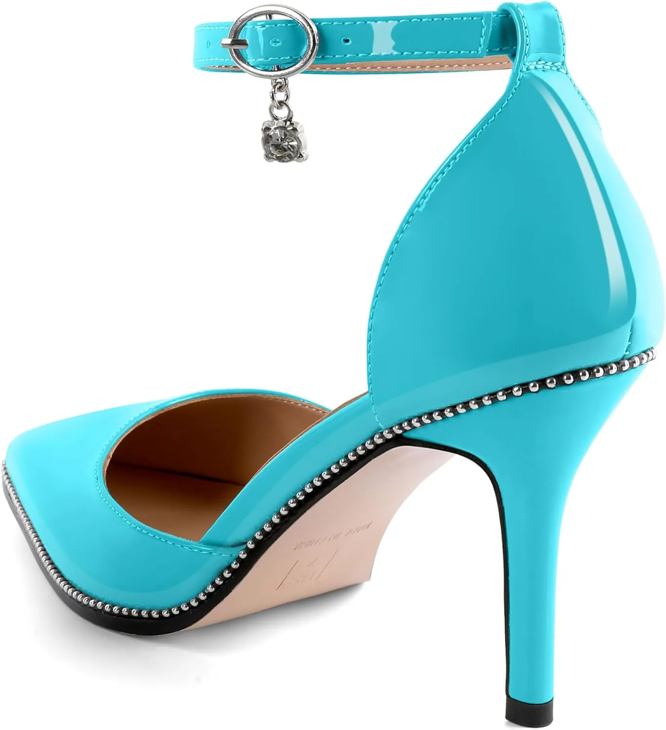 Soireelady Womens High Heels Beaded Pumps Stiletto Ankle Strap Pointed Toe D'Orsay Heel Dress Shoes Patent Leather 3.5 Inch