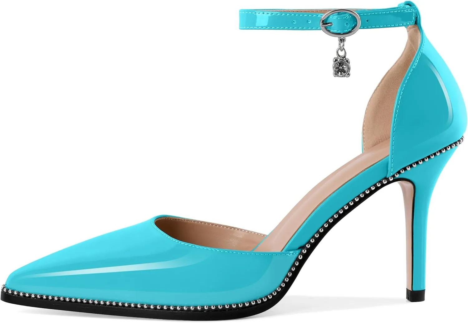 Soireelady Womens High Heels Beaded Pumps Stiletto Ankle Strap Pointed Toe D'Orsay Heel Dress Shoes Patent Leather 3.5 Inch