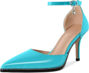 Soireelady Womens High Heels Beaded Pumps Stiletto Ankle Strap Pointed Toe D'Orsay Heel Dress Shoes Patent Leather 3.5 Inch