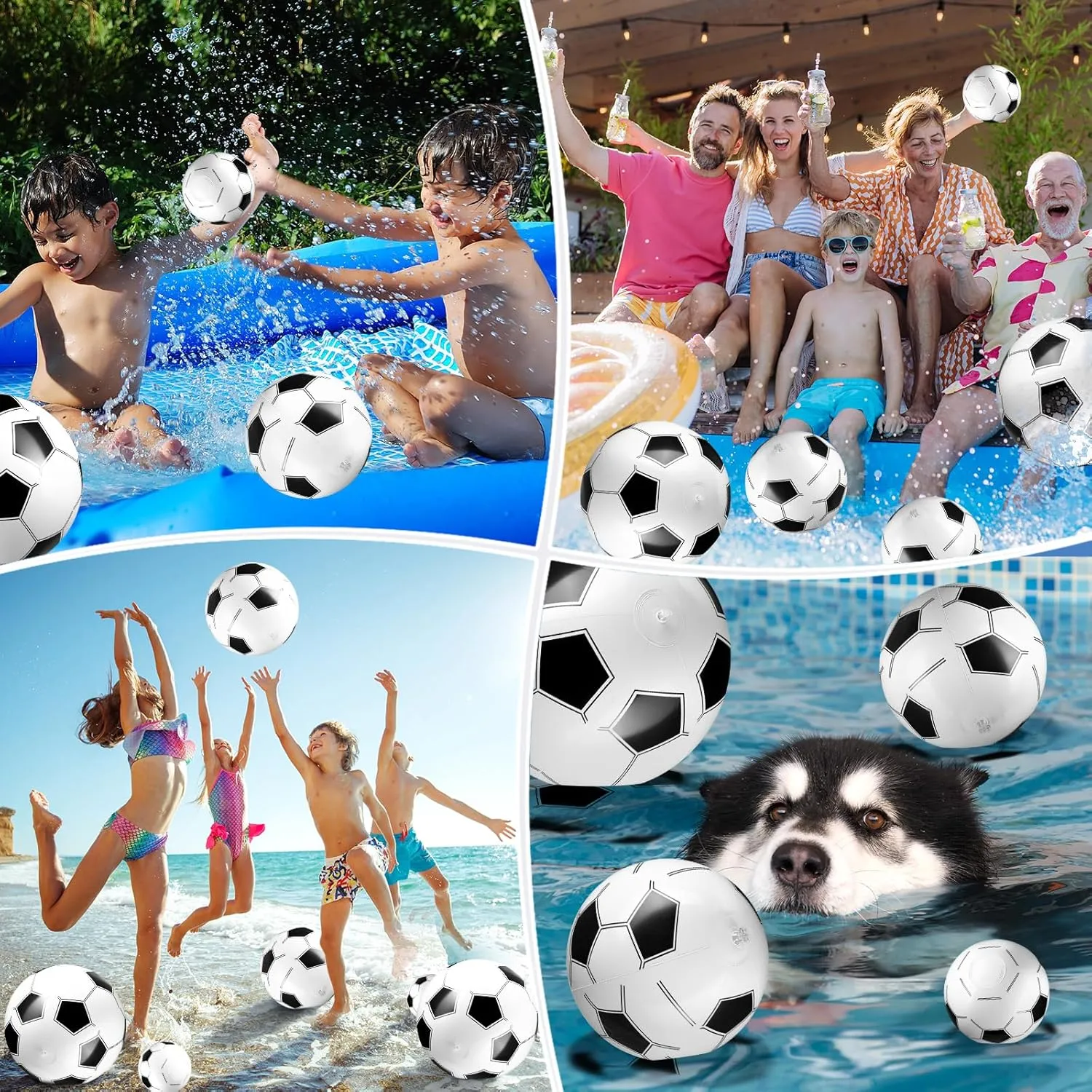 Sratte 20 Pcs Inflatable Beach Balls Bulk, Multiple Sizes Summer Swimming Pool Balls for Boys Girls Adults Hawaii Luau Party Water Games Sand Toys(Black White,Soccer)