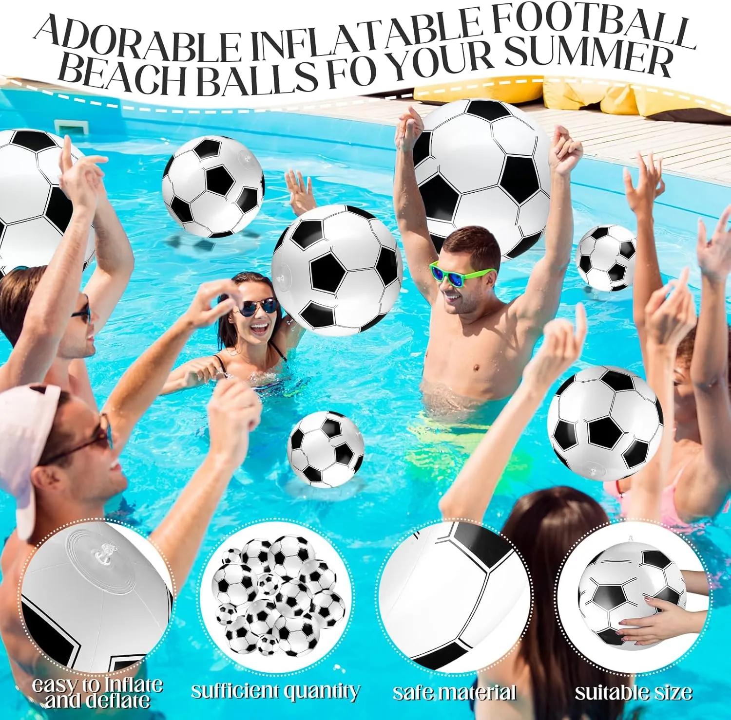 Sratte 20 Pcs Inflatable Beach Balls Bulk, Multiple Sizes Summer Swimming Pool Balls for Boys Girls Adults Hawaii Luau Party Water Games Sand Toys(Black White,Soccer)
