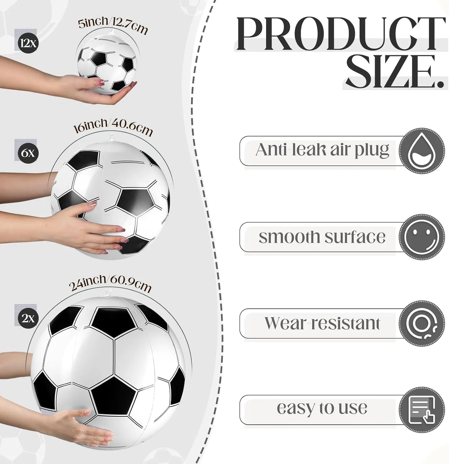Sratte 20 Pcs Inflatable Beach Balls Bulk, Multiple Sizes Summer Swimming Pool Balls for Boys Girls Adults Hawaii Luau Party Water Games Sand Toys(Black White,Soccer)