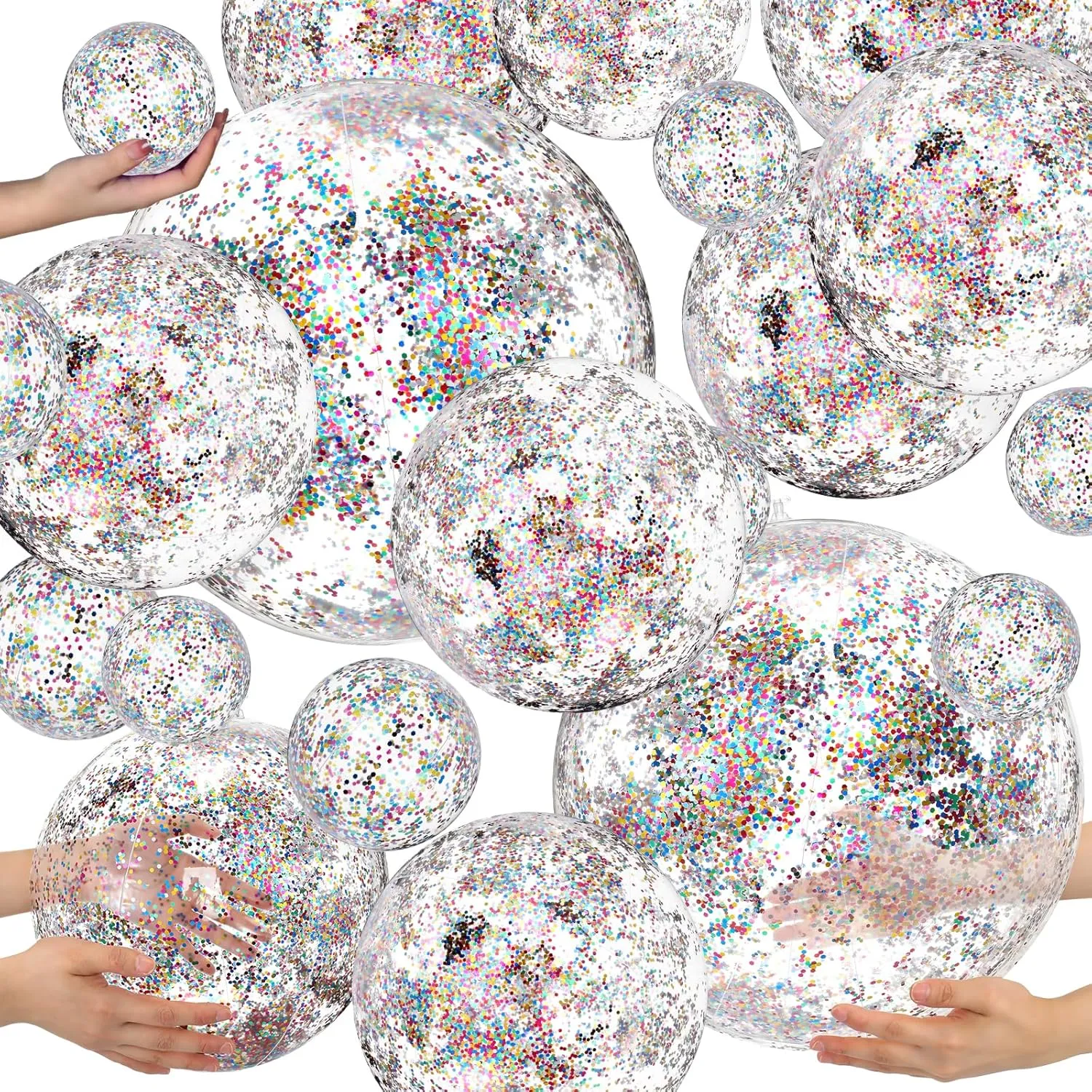 Sratte 20 Pcs Inflatable Beach Balls Bulk, Multiple Sizes Summer Swimming Pool Balls for Boys Girls Adults Hawaii Luau Party Water Games Sand Toys(Clear, Colorful,Sequin)