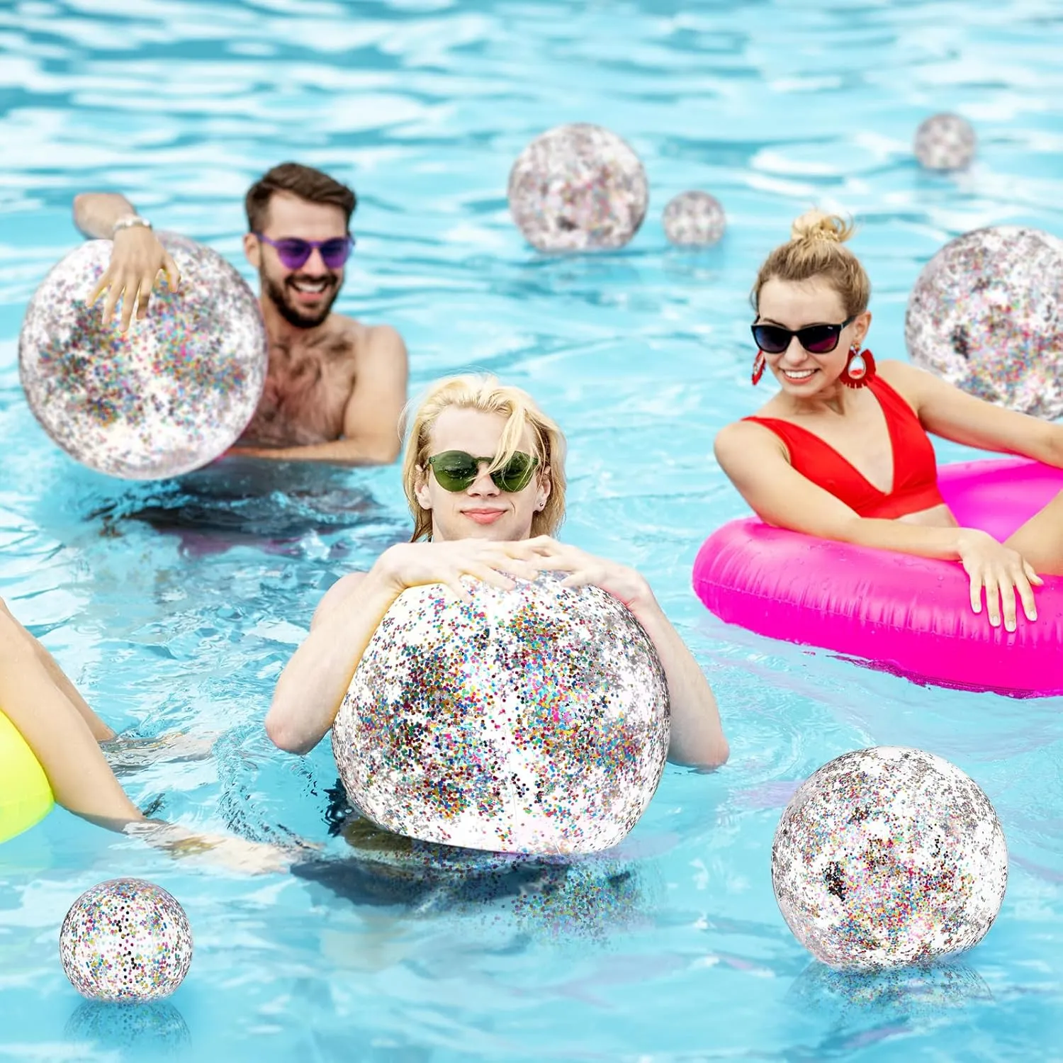 Sratte 20 Pcs Inflatable Beach Balls Bulk, Multiple Sizes Summer Swimming Pool Balls for Boys Girls Adults Hawaii Luau Party Water Games Sand Toys(Clear, Colorful,Sequin)