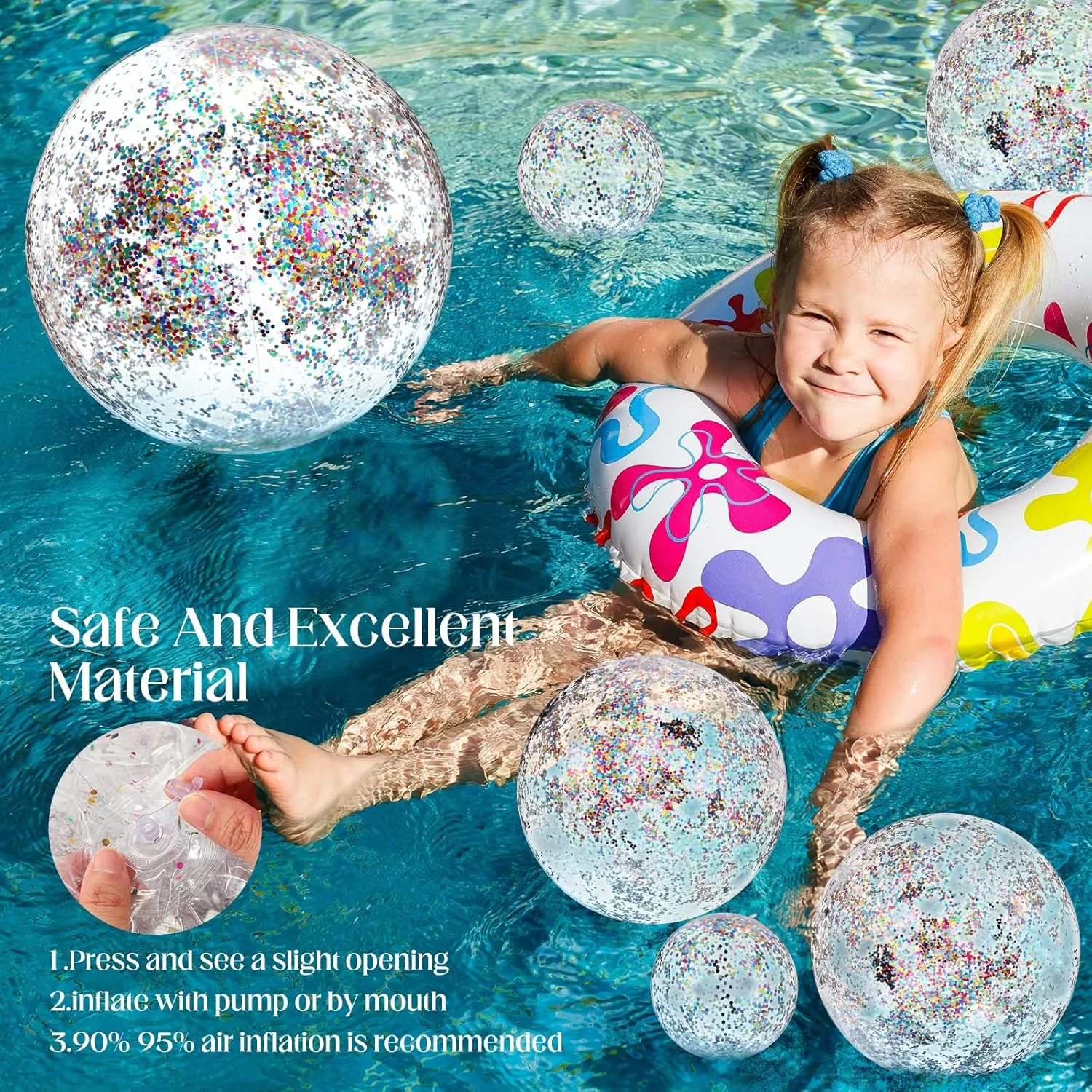 Sratte 20 Pcs Inflatable Beach Balls Bulk, Multiple Sizes Summer Swimming Pool Balls for Boys Girls Adults Hawaii Luau Party Water Games Sand Toys(Clear, Colorful,Sequin)