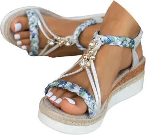 Summer Sandals for Women 2025 Boho,Roman Womens 2025 Low Wedge Heels Comfortable Sandal Espadrille Beach Open Toe Elastic Ankle Strap Walking Shoes Vintage Non Slip Casual Woven Sandals