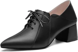 TinaCus Women's Genuine Leather Handmade Comfortable Mid Block Heel Pointed Toe Graceful Lace Up Pump Shoes