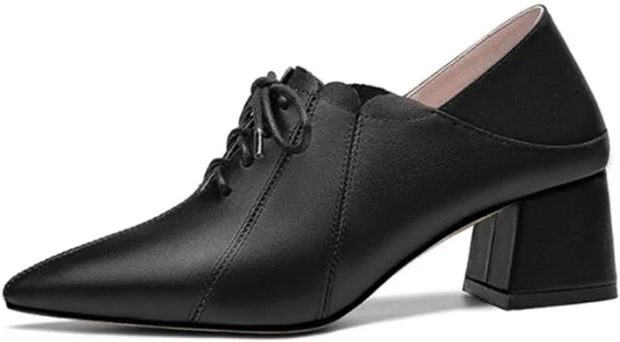 TinaCus Women's Genuine Leather Handmade Comfortable Mid Block Heel Pointed Toe Graceful Lace Up Pump Shoes
