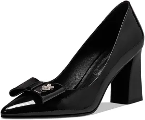 TinaCus Women's Handmade Glossy Patent Leather Pointed Toe High Block Heel Slip On Modern Pumps with Bowknot and Litter Flower Decor