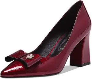 TinaCus Women's Handmade Glossy Patent Leather Pointed Toe High Block Heel Slip On Modern Pumps with Bowknot and Litter Flower Decor