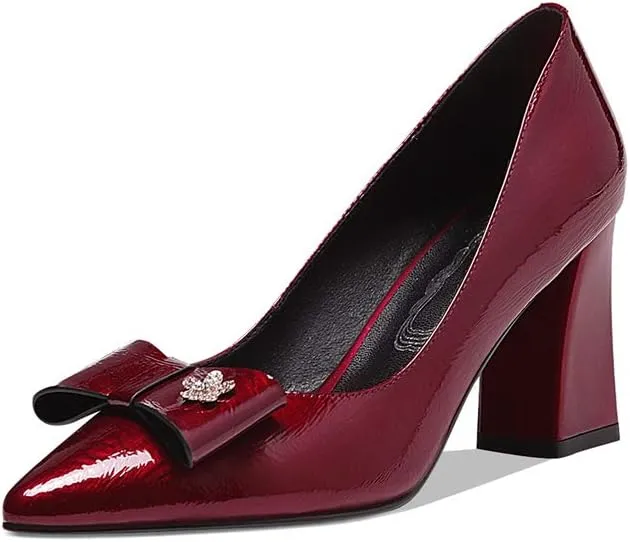 TinaCus Women's Handmade Glossy Patent Leather Pointed Toe High Block Heel Slip On Modern Pumps with Bowknot and Litter Flower Decor