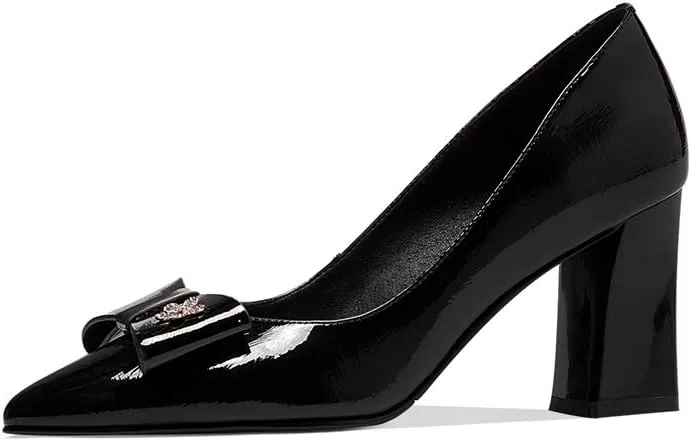 TinaCus Women's Handmade Glossy Patent Leather Pointed Toe High Block Heel Slip On Modern Pumps with Bowknot and Litter Flower Decor