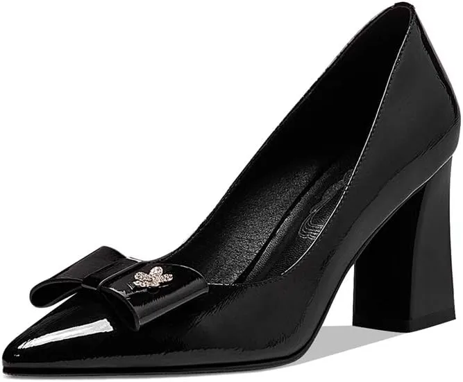 TinaCus Women's Handmade Glossy Patent Leather Pointed Toe High Block Heel Slip On Modern Pumps with Bowknot and Litter Flower Decor