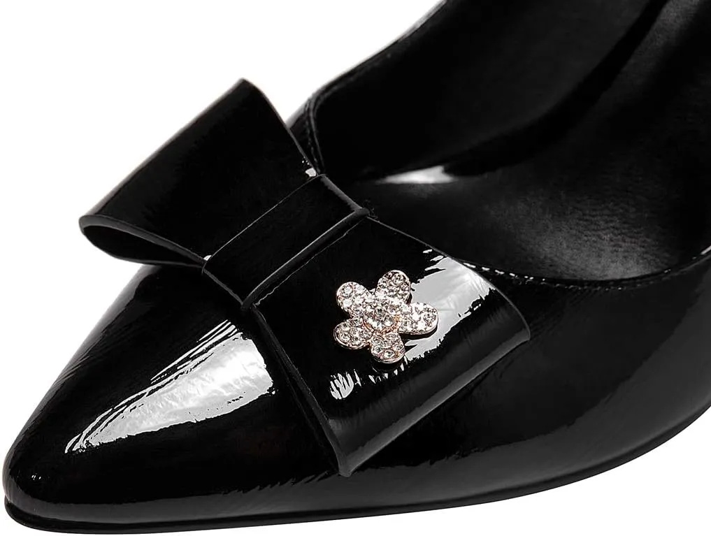 TinaCus Women's Handmade Glossy Patent Leather Pointed Toe High Block Heel Slip On Modern Pumps with Bowknot and Litter Flower Decor