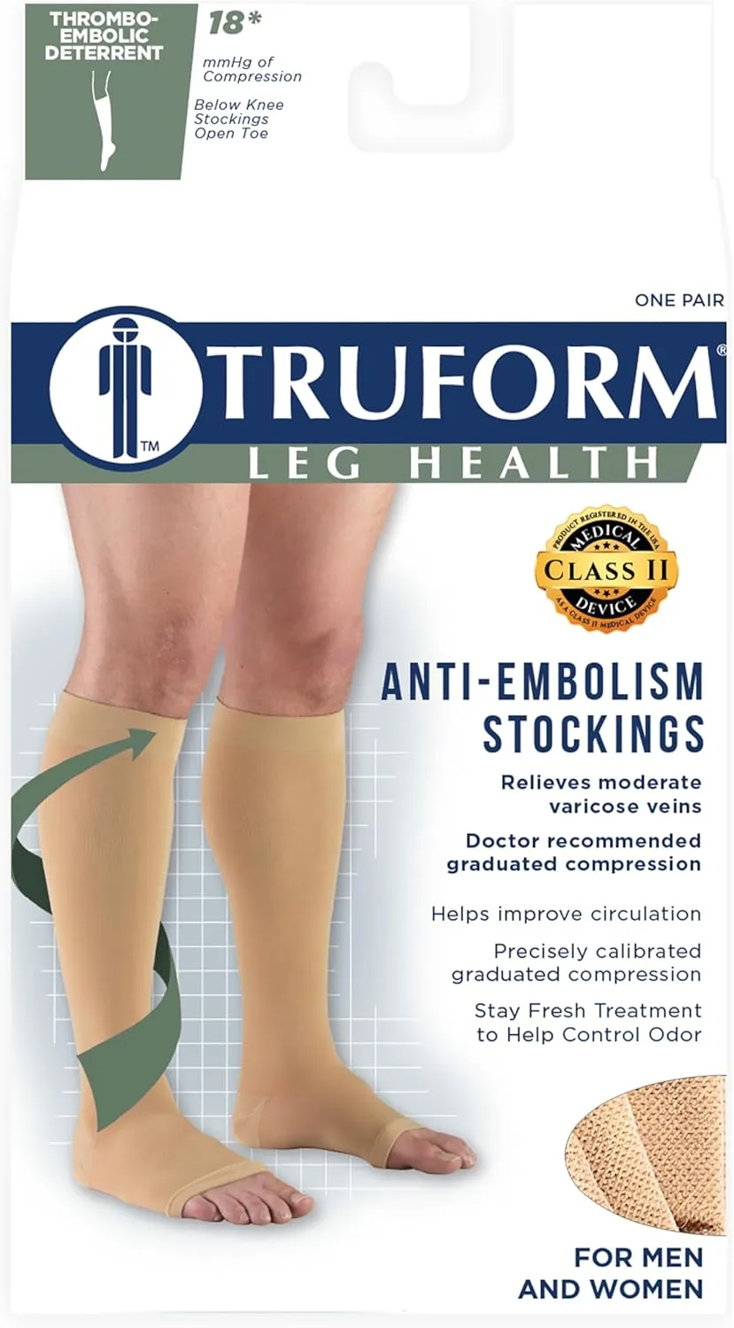 Truform Surgical Stockings, 18 mmHg Compression for Men and Women, Knee High Length, Open Toe, White, Small