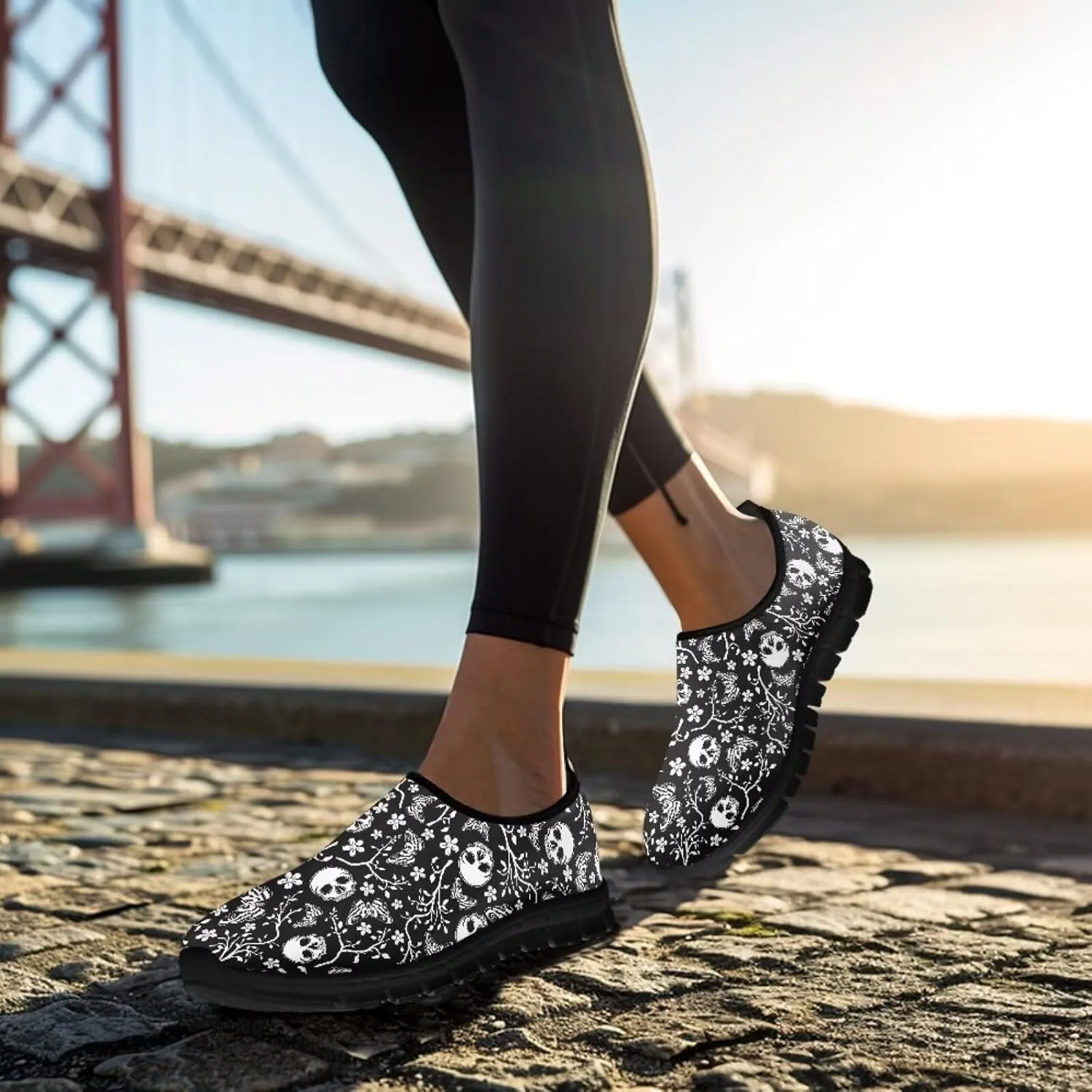 UNICEU Skull Print Slip On Shoes for Women Casual Breathable Low Top Sneakers Non-Slip Lightweight Walking Footwear