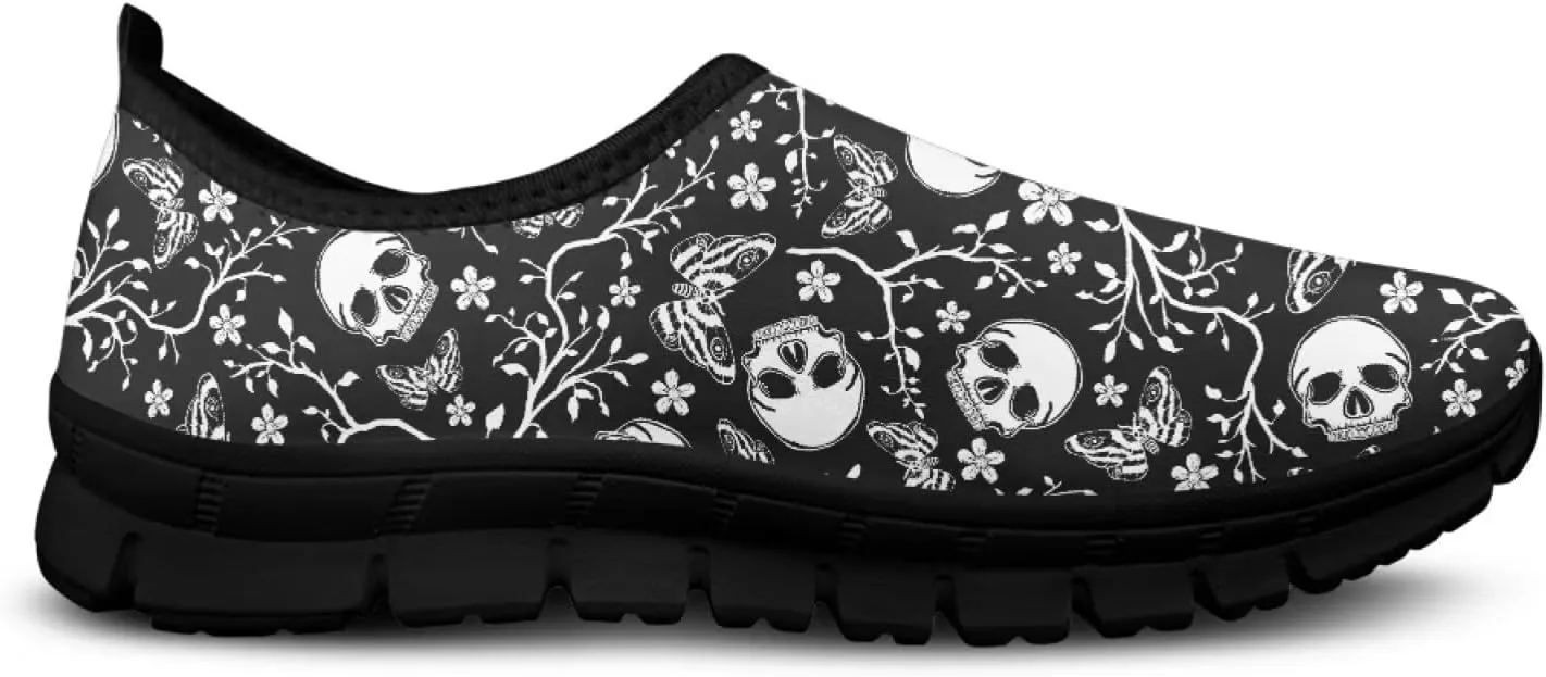 UNICEU Skull Print Slip On Shoes for Women Casual Breathable Low Top Sneakers Non-Slip Lightweight Walking Footwear