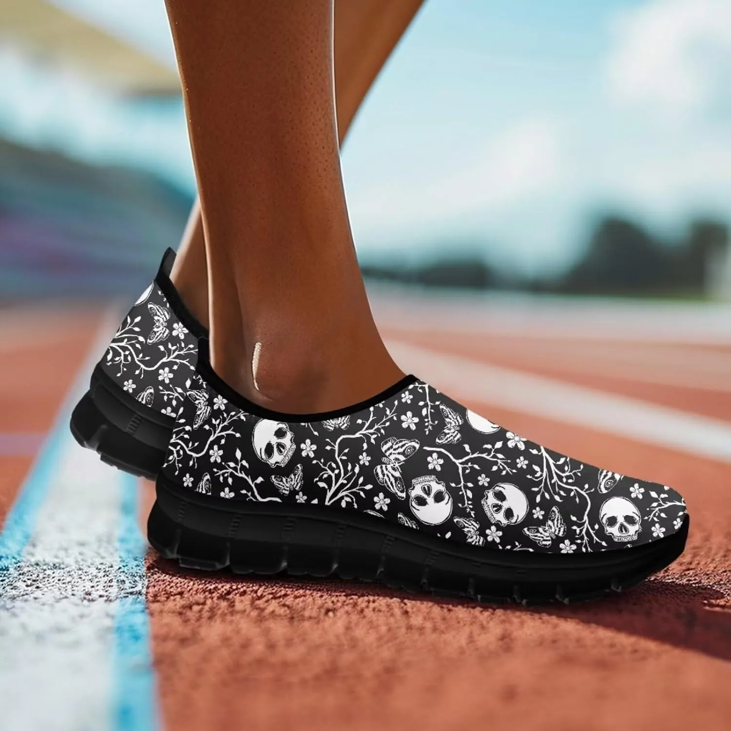 UNICEU Skull Print Slip On Shoes for Women Casual Breathable Low Top Sneakers Non-Slip Lightweight Walking Footwear
