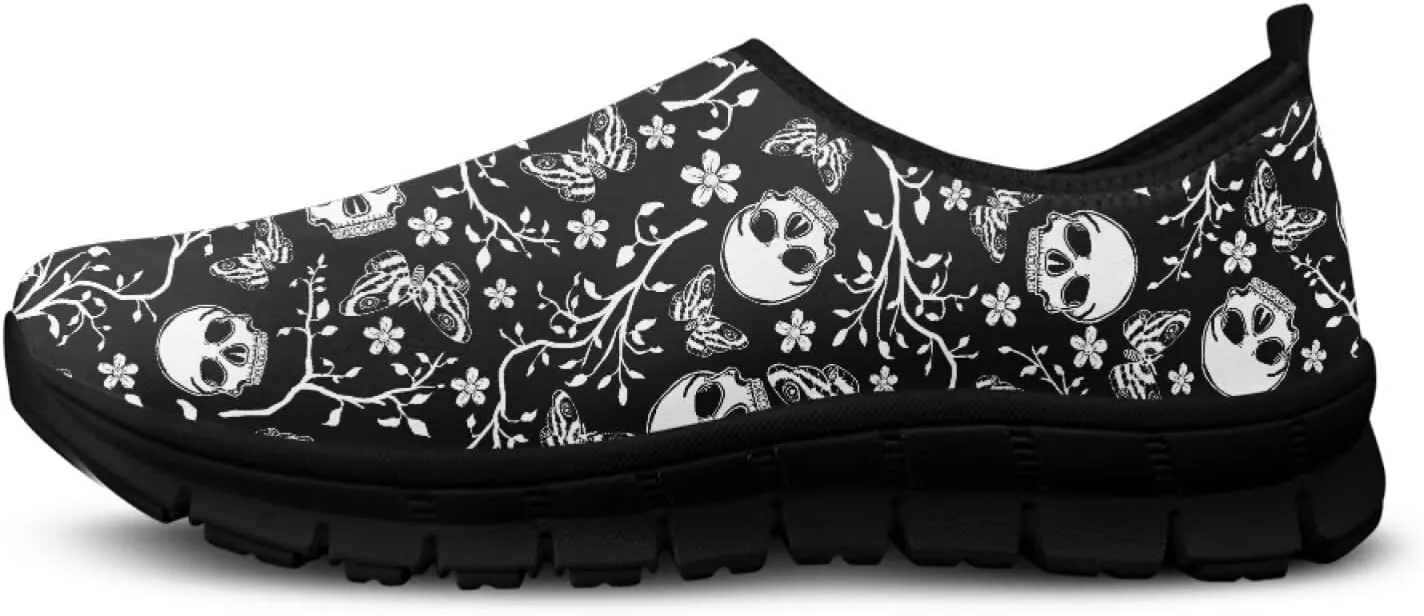 UNICEU Skull Print Slip On Shoes for Women Casual Breathable Low Top Sneakers Non-Slip Lightweight Walking Footwear