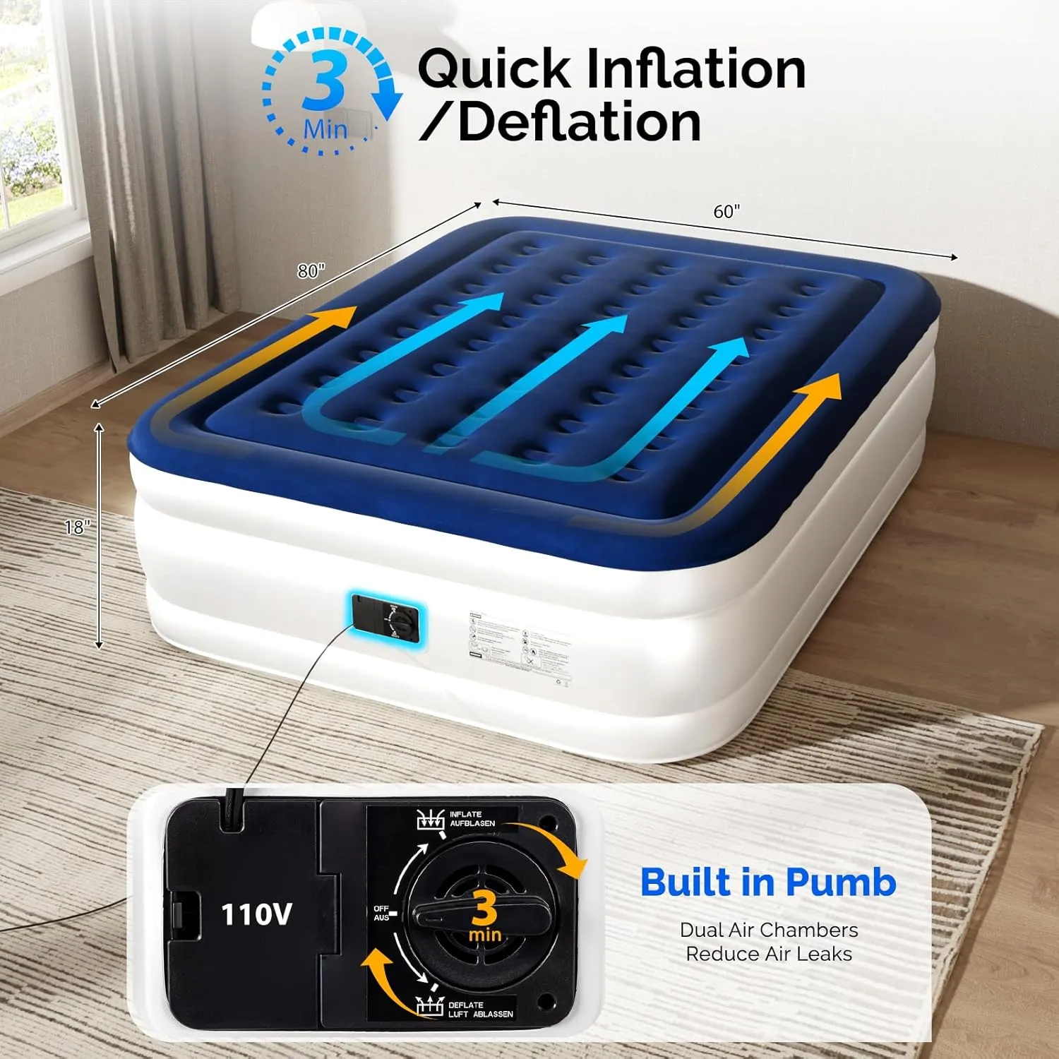 VINGLI Queen Air Mattress with Built-in Pump, 18 Raised Blow Up Mattress with Soft Flocked Top, Leakproof Inflatable Mattress for Camping, Home, Guests,with Storage Bag