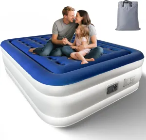 VINGLI Queen Air Mattress with Built-in Pump, 18 Raised Blow Up Mattress with Soft Flocked Top, Leakproof Inflatable Mattress for Camping, Home, Guests,with Storage Bag