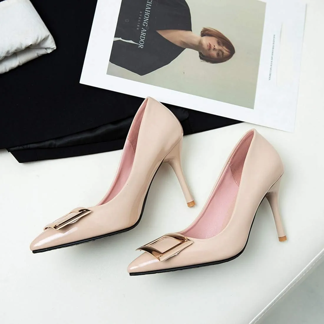 VOKLIN Women's Pointed Toe Spikes Stilettos High Heel Pumps Fashion Buckle Slip On Party Evening Dress Shoes