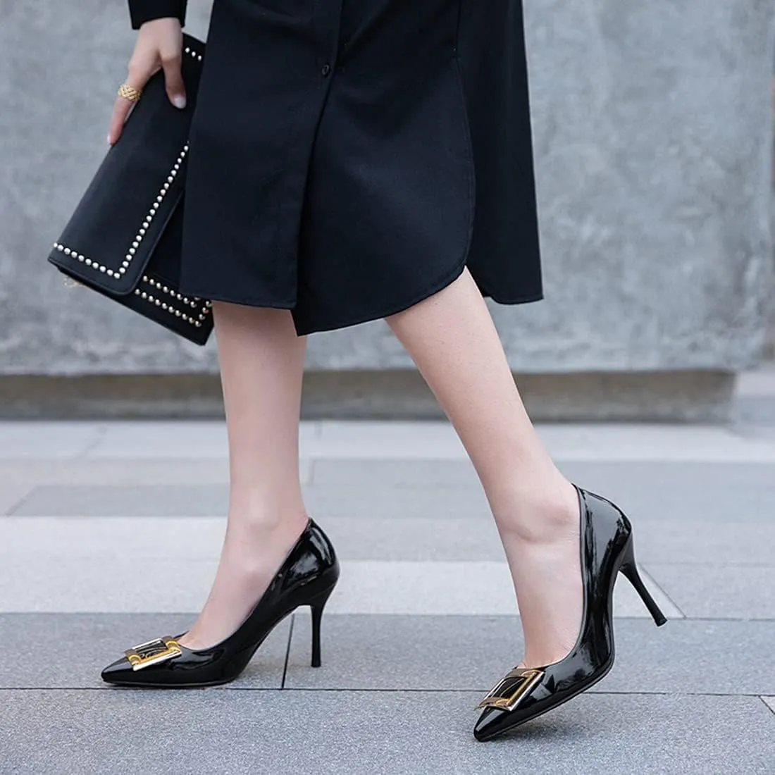 VOKLIN Women's Pointed Toe Spikes Stilettos High Heel Pumps Fashion Buckle Slip On Party Evening Dress Shoes
