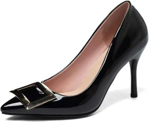 VOKLIN Women's Pointed Toe Spikes Stilettos High Heel Pumps Fashion Buckle Slip On Party Evening Dress Shoes