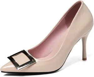 VOKLIN Women's Pointed Toe Spikes Stilettos High Heel Pumps Fashion Buckle Slip On Party Evening Dress Shoes
