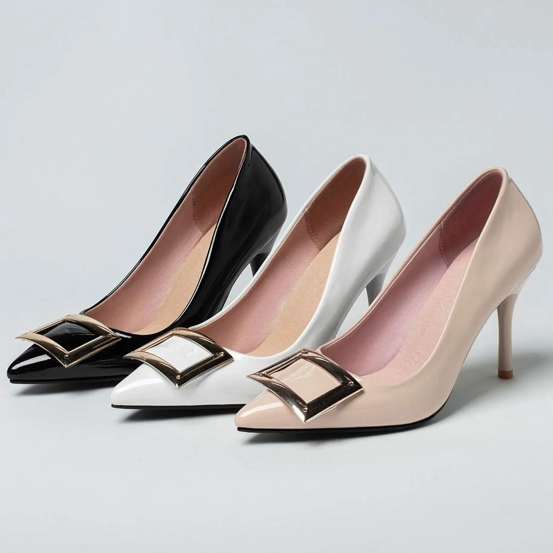 VOKLIN Women's Pointed Toe Spikes Stilettos High Heel Pumps Fashion Buckle Slip On Party Evening Dress Shoes